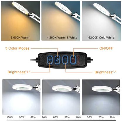 10X Magnifying Glass with Light and Stand, Magnifier with Light Hands Free, 3 Color Modes 10 Level Dimmable, Magnifying Real Glass LED Desk Lamp for Close Work, Repair, Reading, Craft, White - color: White