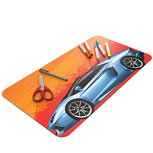 Kid's Desk Mat - for Schoolwork Arts & Crafts - Fun Computer & Mouse Pad Blotter - Washable Table Cover - Student School Organizer - Cute Office, Home, School Supplies - Car Design