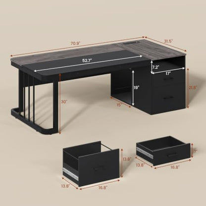 UPOSOJA 70.9" Executive Desk with Power Outlet, Large Office Desk with Drawers & Lateral File Cabinet, Modern Long Computer Desk with Adjustable Storage Shelves, Workstation Business Furniture (Grey) - color: Grey