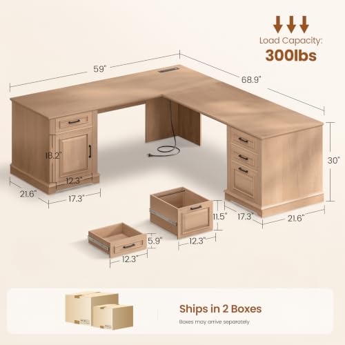 SEDETA 69" Executive L Shaped Computer Desk with 4 Drawers, Storage - color: Oak, size: L Shaped Desk