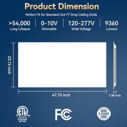 2x4 LED Flat Panel Light, 5CCT 30-72W, 0-10V, Drop Ceiling, 2 Pack - size: 2x4