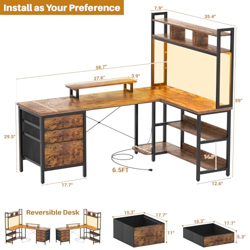 Aheaplus L Shaped Desk with Hutch, Gaming Desk with Led Lights, Reversible Computer Desk with Power Outlet, Corner Desk with File Drawer & Monitor Stand, Storage Shelves for Home, F1, Rustic Brown - color: Rustic Brown