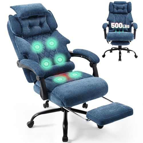 Massage Office Chair with Foot Rest,6 Points Vibration & Heat Executive Office Chairs for Heavy People,500LBS Big and Tall Office Chair,Ergonomic Reclining Desk Chair,Dual-Use Pillow,Home Office,Blue - color: Blue, size: 6 Point Vibration