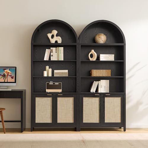 SICOTAS 84.2" Tall Arched Bookcase with Doors - 5 Tier Rattan Bookshelf - color: Black Oak, size: 2 Pieces