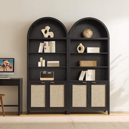 SICOTAS 84.2" Tall Arched Bookcase with Doors - 5 Tier Rattan Bookshelf - color: Black Oak, size: 2 Pieces