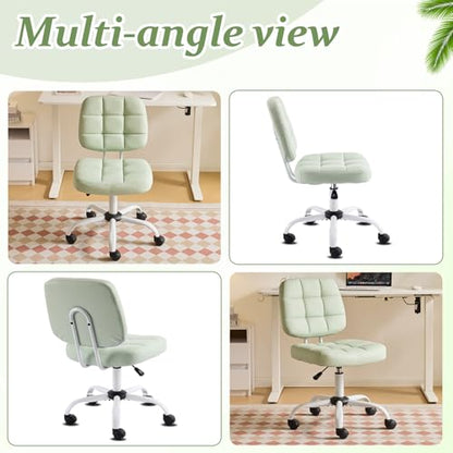 VINGLI Compact Small Desk Chair, Cute Armless Chair with Wheels, Vanity Chair with Low Back, Height Adjustable Task Chair for Small Spaces, Office, Bedroom, Make Up Room, PU Leather, Mint Green - color: Mint Green