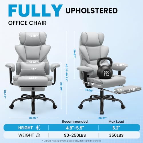 ALLGOD Office Desk Chair, Big and Tall Executive Chair with Lumbar Support, High Back Computer Gaming Chair, PU Leather with Pocket Spring Cushion, Adjustable Armrests and Footrest, Grey - color: Lightgrey
