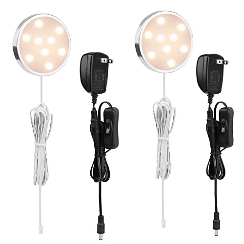 LABOREDUCER 12V Under Cabinet LED Puck Lighting Kit 2 Packs Slim Aluminum Puck Lights,Single Light Plug in Counter Light Fixture for Kitchen Cupboard Bookcase Display Shelf Lighting(Warm White, 2700K) - color: Warm White
