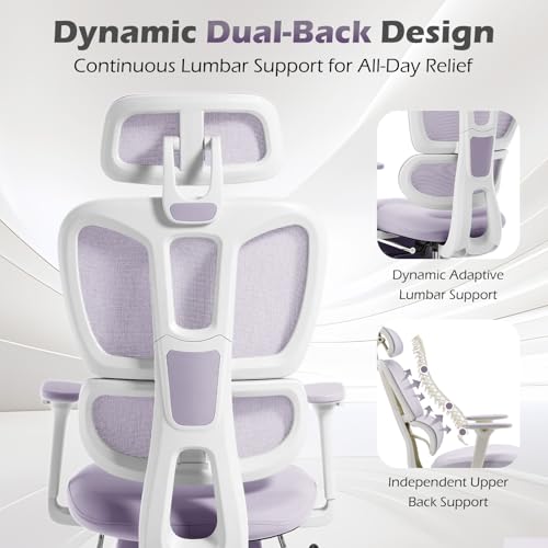 Ergonomic Office Chair with Footrest and Dynamic Lumbar Support, Purple | Reclining high-back computer chair, memory foam seat, 2D armrests, 2D headrest, mesh desk chair for home office, long hours - color: Purple