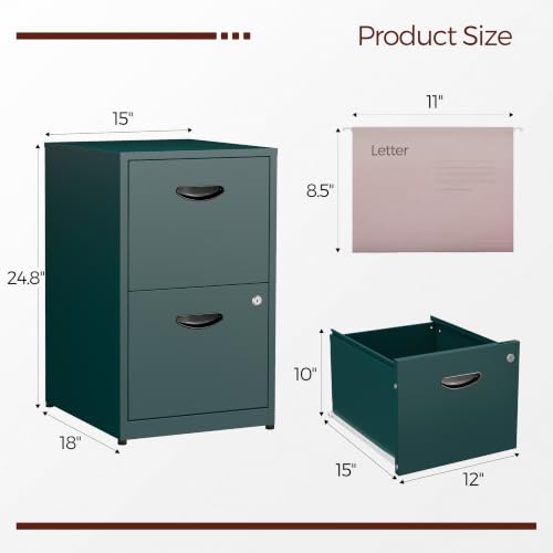 2 Drawer File Cabinet with Lock, Metal Filing Cabinet for Office | Small File Cabinets for Home Office, Under Desk Vertical File Cabinet Fit Hanging Files, Letter & A4 Documents - color: Green, style: 2 Drawers-Light Duty