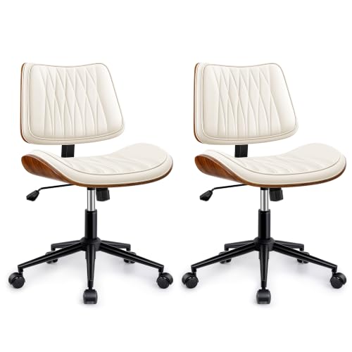 Ergonomic Armless Office Desk Chair - Mid-Century Modern White Faux Leather with Diamond Stitch, Adjustable Height Swivel Rolling Task Computer Chair with Walnut Accent for Home Office, Study & Work - color: Cream White, size: 2 Pack