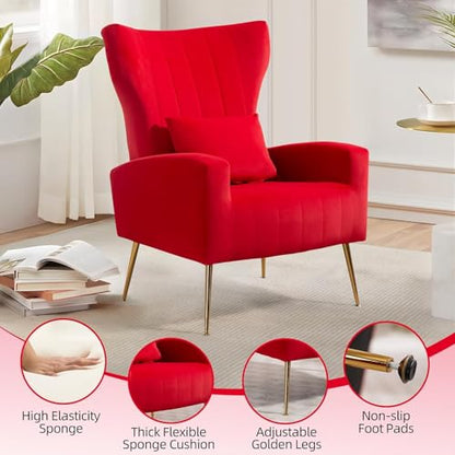 Velvet Accent Arm Chair, Mid-Century Modern Living Room Chair, Wingback Bedroom Side Chair with Gold Legs & Pillow, Button-Tufted, Red - color: Red, size: 2PCS with Channel Tufted