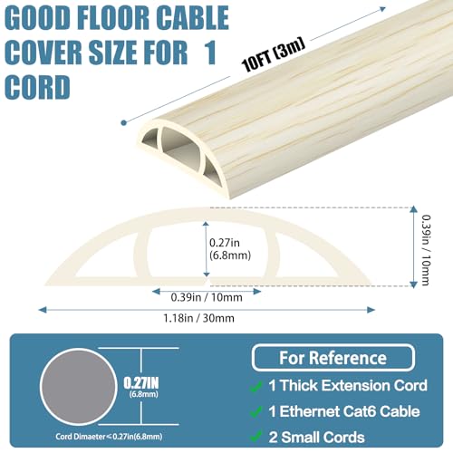 Floor Cord Covers for Wires 10FT Cable Hider Wire Cover Self Adhesive Cord Hider Floor for Offices, Homes, Workshops, Warehouses Cable Cavity 0.39" W x 0.27" H - color: Beige Wood, size: 1.18" x 10'