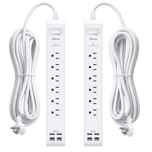 2 Pack Power Strip, 12FT Extension Cord, Surge Protector with 6 Outlets and 4 USB Ports (2 USB C), Extension Cord with Multiple Outlets, Flat Plug Overload Protection, Wall Mount for Home Dorm College - size: 12FT, style: Round Cord & Right Angle Plug