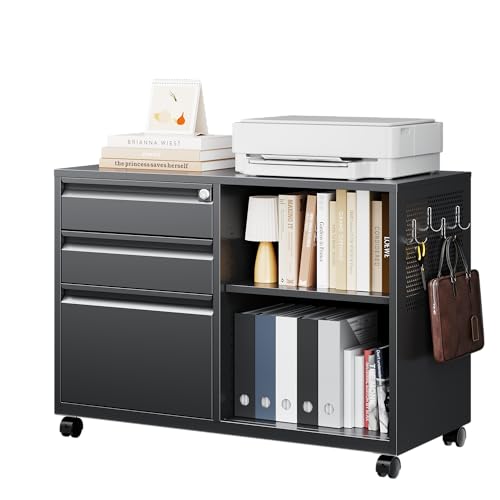 Letaya Mobile 3 Drawer File Cabinet with Lock-Metal Lateral Rolling Printer Stand Filing Cabinets for Home Office-Storage A4/F4/Letter (Black) - color: Black, size: Left 3 Drawers-Basic