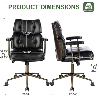 Mid-Century Modern Ergonomic Office Chair, Mid Back & Tufted, Black | Faux Leather Executive Desk Chair, Walnut Bentwood Frame, Tufted Design, Swivel Computer Chair for Home Office, 300LBS Cap - color: Black, size: Mid Back Style