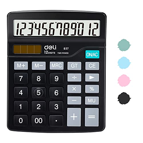 Calculator, Deli Standard Function Desktop Calculators with 12 Digit Large LCD Display and Sensitive Button, Solar Battery Dual Power Office Calculator, Black - color: Black