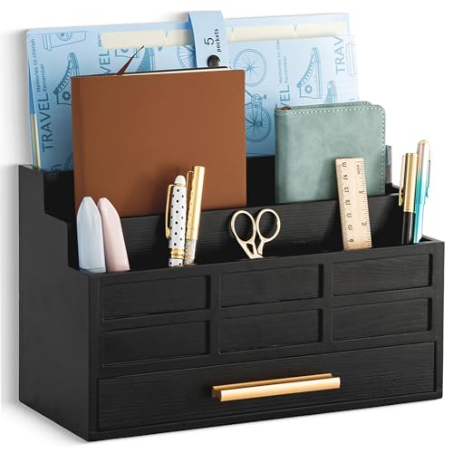dreampossible Black Wood Desk Organizer and Accessories with Drawer, Bill Mail Organizer and File Mail Holder for Office Supplies, Rustic Desk Accessories & Workspace Organizers for Desk Organization - color: Black B