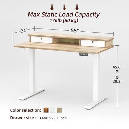 TIQLAB Standing Desk with Two Drawers, Stand Up Standing Desk Adjustable Height, Electric Sit Stand Table with Storage Shelf and Splice Board, 55 * 24 inch, Maple - color: Maple, size: 55*24 inch without keyboard tray