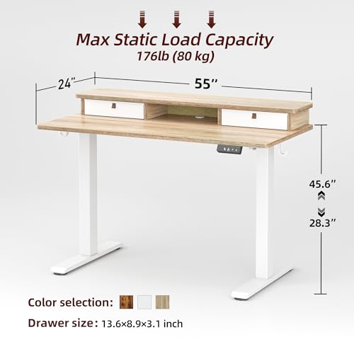 TIQLAB Standing Desk with Two Drawers, Stand Up Standing Desk Adjustable Height, Electric Sit Stand Table with Storage Shelf and Splice Board, 55 * 24 inch, Maple - color: Maple, size: 55*24 inch without keyboard tray