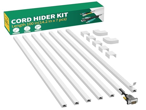 Delamu Cord Hider, 100in Self-Adhesive Cord Cover Kit for Wall Mounted TV, Paintable Wire Hider, Flexible Cable Management System, Cable Raceway Conceals 1-2 Wires, W0.59 H0.40in, White - color: White, size: 100in x 0.59in x 0.40in