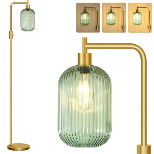 【Upgraded】 Dimmable Floor Lamp for Living Room with Green Ribbed Glass Lampshade, Gold Modern Floor Lamp with 900LM LED Bulb Included, Arc Standing Tall Lamp for Bedroom, Office, Reading Room, Corner - color: Green Glass-Ribbed-Gold