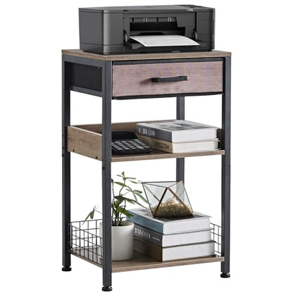Lerliuo 3-Tier Printer Stand with Fabric Drawer and Shelves, Grey | Three-tier printer stand with fabric drawer and two shelves for paper, office supplies, scanners and fax machines - color: Grey