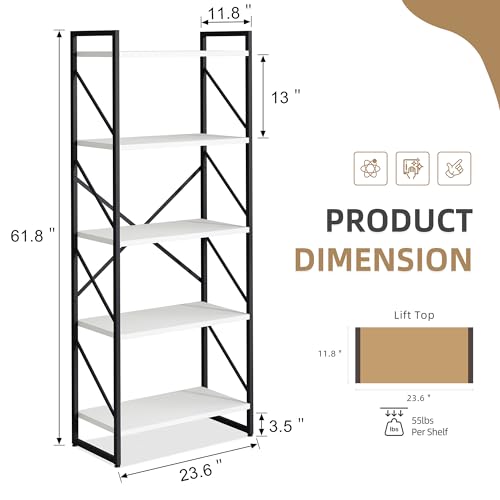 Vongrasig 5 Tier Metal Bookshelf, Narrow Industrial Bookcase, White - color: White