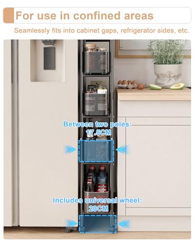 UMDONX 5-Tier Narrow Mobile Storage Cart with Pull-Out Baskets - color: Black, size: 5 Tier