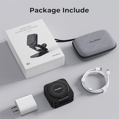 KU XIU X55 Turbo Qi 2.2 25W 3-in-1 Charging Station for Apple Device, Foldable Magnetic Charger for iPhone 17/16, 5W for Apple Watch & AirPods, Fast Travel Wireless Charging Stand with 45W Adapter - color: Black-B