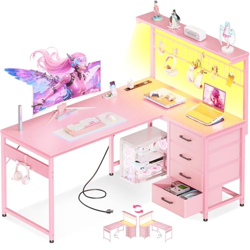 MOTPK 43" L Shaped Gaming Desk with Shelf & 4 Drawers, Carbon Fiber Pink | Reversible table with shelves & hooks. Power outlet included. Home office for beauty & gaming. Compact for small spaces. - color: Carbon Fiber Pink, size: 43 Inch