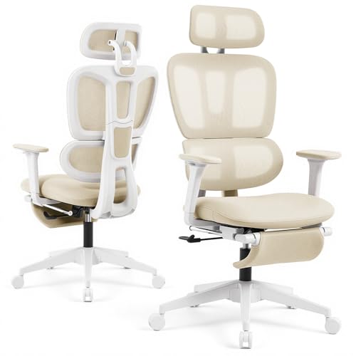 Ergonomic Office Chair with Footrest and Dynamic Lumbar Support, Cream - color: Beige