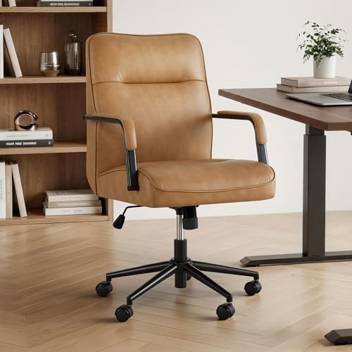 KISLOT Ergonomic Home Office Chair with Lumbar Support, Adjustable Swivel Modern Desk Chair with Wheels, Faux Leather Computer Chair with Padded Arms, Comfy Executive Office Chair, Camel Brown - color: Camel Brown, size: Set of 1