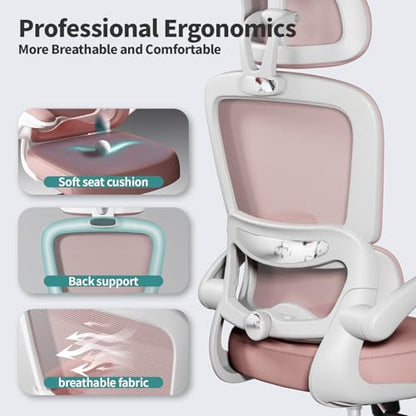 TRALT Office Chair Ergonomic Desk Chair - Gaming Chair with Lumbar Support | 330 LBS Home Office Desk Chairs with Headrest, Reading Chair with Flip-up Armrests, Comfortable Computer Chairs (1, Pink) - color: Pink
