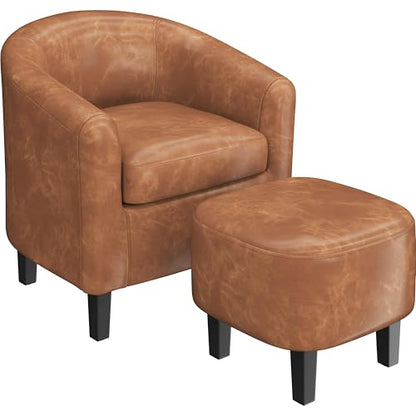 Yaheetech Accent Chairs with Ottoman, Faux Leather Barrel Chairs, Brown - color: Brown, size: Chair:25.5x 27.5 x 28''H Ottoman:18x 18.7x 15.7''H