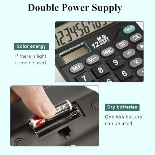 M&G Desk Calculator 12 Digit Office Calculators with Large LCD Display, Dual Solar Power and Battery, Recessed Big Button Calculator for Office Home (Black) - style: Basic