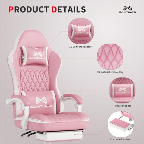 Gamtimer Gaming Chair with Footrest, Ergonomic Computer Chair, PU Breathable Material with Headrest and Lumbar Support, Suitable for Silla Gamer and Adults(Pink) - color: Pink
