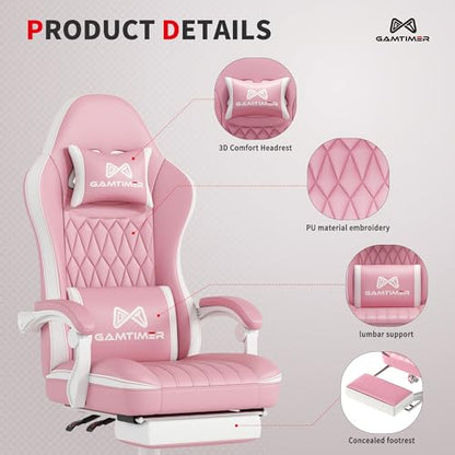 Gamtimer Gaming Chair with Footrest, Ergonomic Computer Chair, PU Breathable Material with Headrest and Lumbar Support, Suitable for Silla Gamer and Adults(Pink) - color: Pink