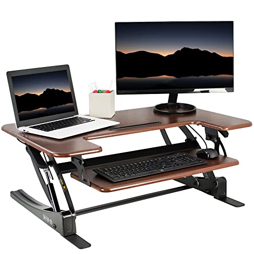 VIVO Dark Walnut 36 inch Standing Desk Converter, DESK-V000VD | Height Adjustable, Stand Up Desk Riser, Wide Keyboard Tray, Dual Monitor and Laptop Workstation, Black Frame, V Series - color: Dark Walnut, size: 36"