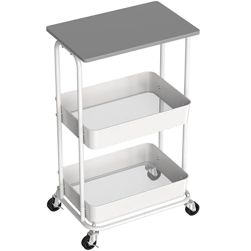 Simple Houseware 2-Tier Rolling Utility Cart Wood Top/Lockable Wheel, Gray | Metal Storage Organizer Trolley for Kitchen, Bathroom, Office, Craft Room - color: Grey
