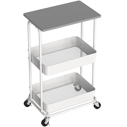 Simple Houseware 2-Tier Rolling Utility Cart Wood Top/Lockable Wheel, Gray | Metal Storage Organizer Trolley for Kitchen, Bathroom, Office, Craft Room - color: Grey