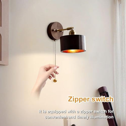 Wood Wall Sconce with Pull Chain Adjustable Swing Arm Natural Or Walnut Wood Cylinder Shade Brass Accent Wall Lamp for Bedroom Living Room Hallway Reading Nook(Walnut) - color: Walnut