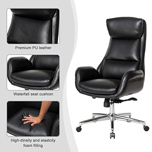 Glitzhome Mid-Century Modern Air Leatherette Adjustable Swivel High Back Office Chair, Black - color: Black
