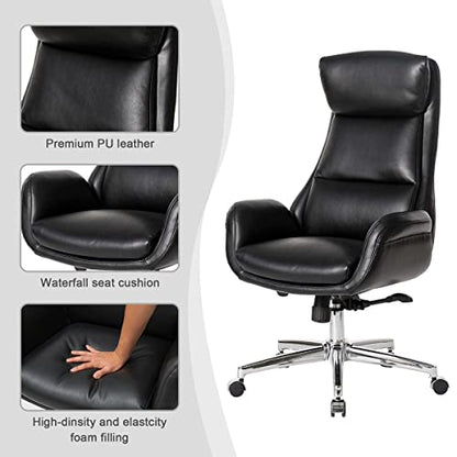 Glitzhome Mid-Century Modern Air Leatherette Adjustable Swivel High Back Office Chair, Black - color: Black