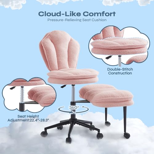 ADHD Cross Legged Office Chair, Swivel Kneeling Meditation Seat | 360° swivel cross-legged chair with reversible seat for ADHD & meditation; adjustable height/depth, plush teddy - color: Pink