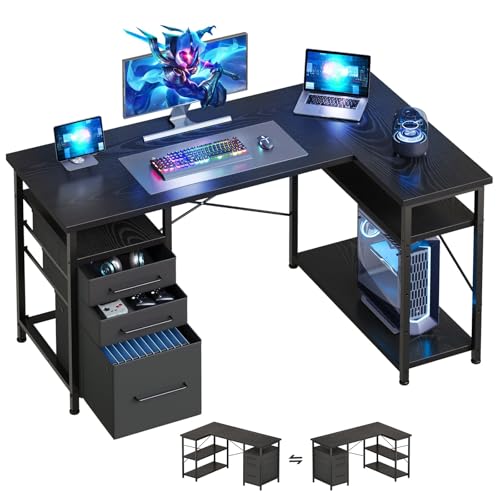 Maihail L Shaped Desk with Drawers, Office Desk Storage for Small Space, Black - color: Black, size: 47Inches
