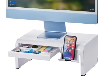 Bostitch Konnect Adjustable Monitor Riser with Drawer & Cell Phone Holder, Laptop Stand for Desk, 4 Height Levels, Cable Management & Rubber Feet - color: White, style: Deluxe Laptop Stand