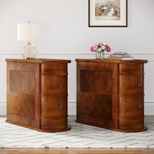 Wood End Table with 2 Drawers, No Assembly Required Narrow Sofa Side Table for Living Room, Vintage Slim Nightstand Bedside Table for Bedroom (2 Drawers, Brown, 2 Pcs) - color: Brown, size: 2 Pcs, style: 2 Drawers