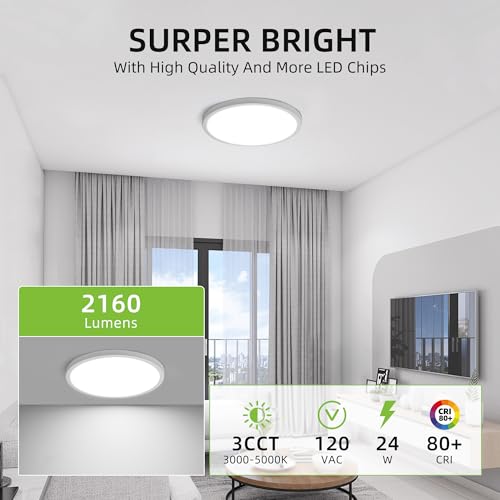 hykolity 12 Inch Selectable CCT LED Round Flat Panel Light,2 Pack | 24W 3000K/4000K/5000K, Edge-Lit Flush Mount Ceiling Light Fixture for Kitchen, Bedroom, Laundry and Closet Room,White - color: White, size: 12 inch