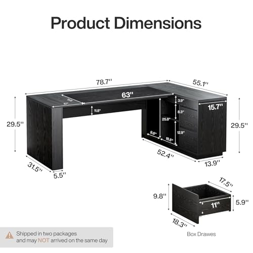 Tribesigns 78" L Shaped Executive Desk with Drawers, Large Office Computer Desk with Cabinet and Storage Shelves, Modern Business Furniture Sets Workstation for Home Office (Gray&Black) - color: Gray&black